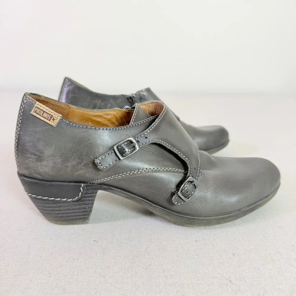 Pikolinos Rotterdam Double Monk Strap Ankle Heel Boots Womens EU 38 Gray Leather